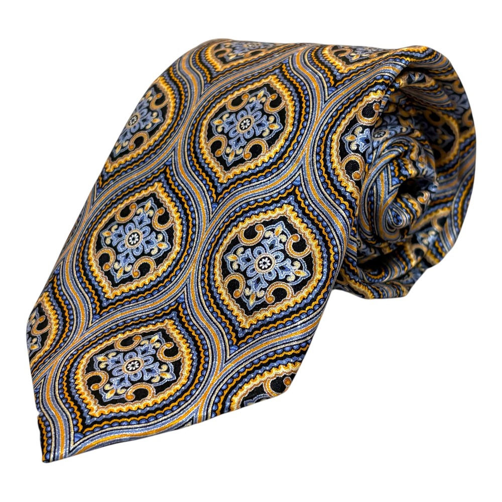 JZ Richards Mens Necktie Blue Gold Black Medallion Silk Geometric Hand Made USA